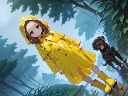 <lora:IL_Fleta:1>,1girl,solo,mb_fl,Fleta,red eyes,brown hair,forehead,yellow raincoat,hood,rubber boots,parted lips,outdoors,landscape,bushes,rain,Rab/(dog/),dog,dutch angle,hood up,looking at viewer,, masterpiece,amazing quality,best quality,ultra-detailed,8K,illustration,CG,shiny hair,clear skin,ultra-detailed-eyes,ultra-detailed-background,