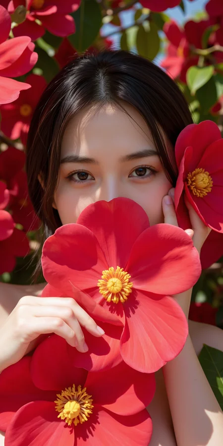 The image depicts a person surrounded by vibrant red camellia flowers. The person's face is partially obscured by the flowers, with their eyes looking directly at the camera. The flowers are large and vivid, with bright yellow stamens and a rich red petal structure. The person's skin appears smooth and is illuminated by natural light, creating a soft and warm atmosphere. The background is filled with more camellia flowers, adding to the overall lush and floral theme. The person's hands are gently placed near their face, and the image has a dreamy, ethereal quality due to the way the flowers and light interact.,