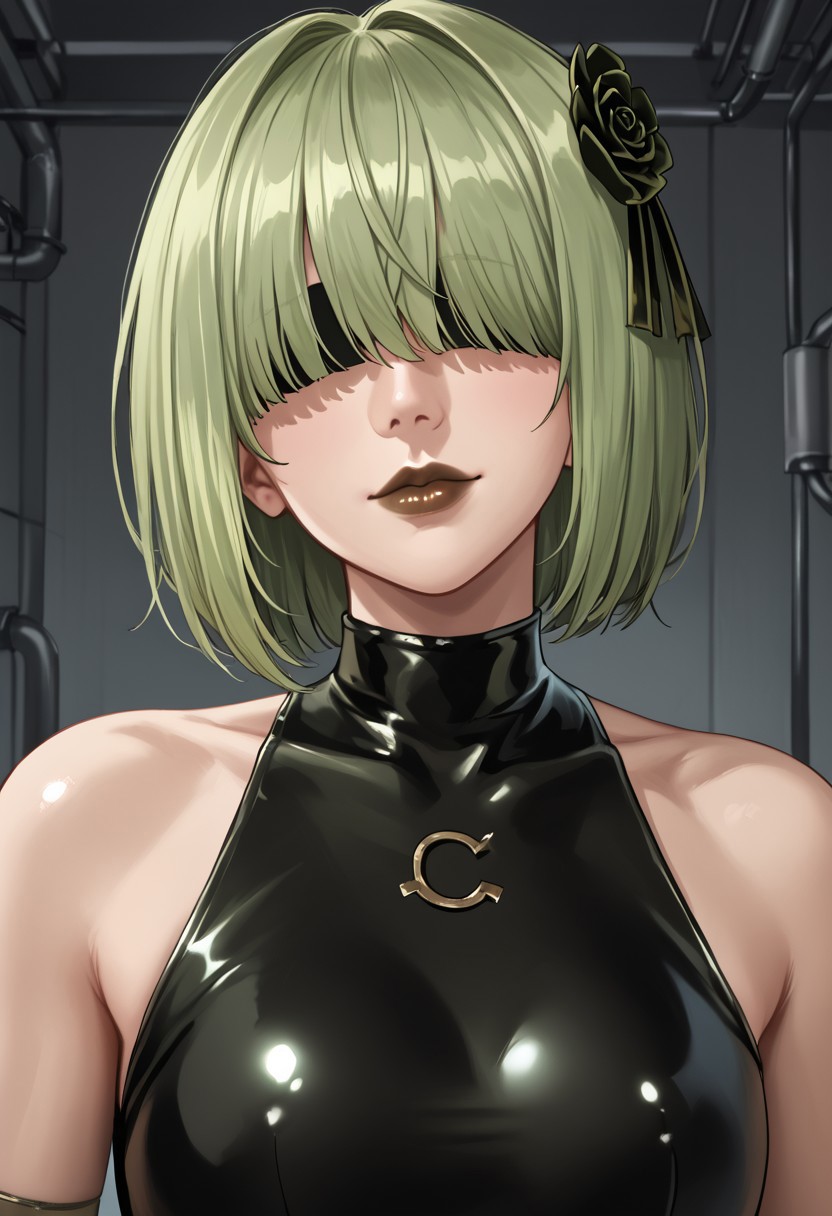 safe_pos, 1girl, solo, solo focus, highres, absurdres, CL_Dummy, short hair, long bangs, hair over eyes, light green hair, lipstick, shiny lips, brown lips, circle hair ornament,  

black leotard, bare shoulders,

looking at viewer, head tilt, light smile, closed mouth, upper body,

factory, industrial pipe, stasis tank, dark,