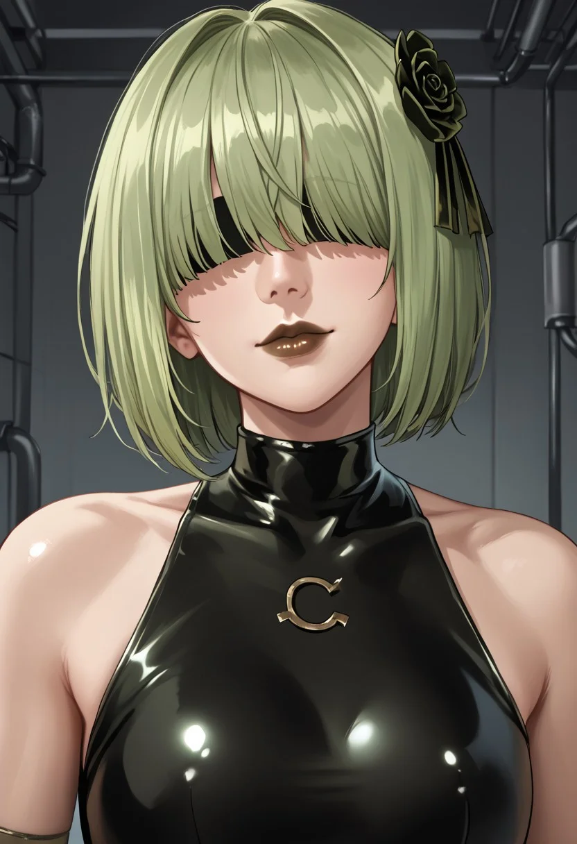 safe_pos, 1girl, solo, solo focus, highres, absurdres, CL_Dummy, short hair, long bangs, hair over eyes, light green hair, lipstick, shiny lips, brown lips, circle hair ornament,
black leotard, bare shoulders,
looking at viewer, head tilt, light smile, closed mouth, upper body,
factory, industrial pipe, stasis tank, dark,