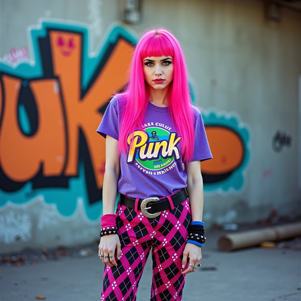 The image is a photograph of a Mexican emo woman standing in an urban outdoor setting, adorned with vibrant and eclectic fashion. She has striking, long, straight, neon pink hair that cascades over her shoulders. Her outfit is equally bold: she wears a purple T-shirt featuring a colorful, retro-inspired graphic design with the word "Punk" in large, bold letters. Her pants are a striking combination of bright pink and black, featuring a diamond pattern that adds a playful, edgy touch. Completing her look are purple high-top sneakers with white accents and a black and pink sneaker logo.
Accessories include a black and pink bracelet on her left wrist, a matching pink and black wristband on her right wrist, and a black and pink belt with a large, silver buckle. Her makeup is bold, with dark eyeliner and bright pink lipstick. The background features a concrete wall covered in colorful graffiti, predominantly in shades of orange, blue, and green, with abstract and stylized designs. The overall aesthetic of the image is a blend of punk and street art, reflecting a youthful, rebellious, and eclectic style. taken with a Yashica T4 on Fujifilm Superia 400 film, is soft and pastel-toned with a ghostly atmosphere. The lighting is flat and cool, creating a washed-out palette that enhances the surrealism of the abandoned setting.
<lora:Emo_girls_-_flux-000012:1> em0g1rls, em0
