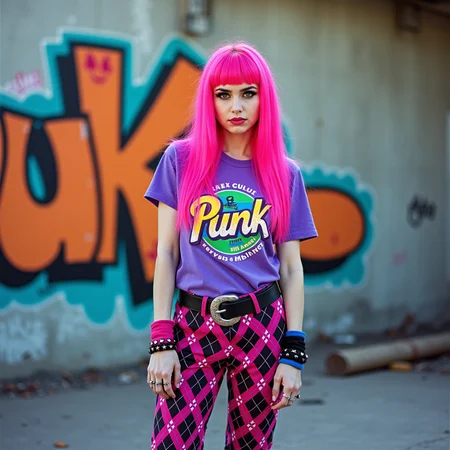The image is a photograph of a Mexican emo woman standing in an urban outdoor setting, adorned with vibrant and eclectic fashion. She has striking, long, straight, neon pink hair that cascades over her shoulders. Her outfit is equally bold: she wears a purple T-shirt featuring a colorful, retro-inspired graphic design with the word "Punk" in large, bold letters. Her pants are a striking combination of bright pink and black, featuring a diamond pattern that adds a playful, edgy touch. Completing her look are purple high-top sneakers with white accents and a black and pink sneaker logo.
Accessories include a black and pink bracelet on her left wrist, a matching pink and black wristband on her right wrist, and a black and pink belt with a large, silver buckle. Her makeup is bold, with dark eyeliner and bright pink lipstick. The background features a concrete wall covered in colorful graffiti, predominantly in shades of orange, blue, and green, with abstract and stylized designs. The overall aesthetic of the image is a blend of punk and street art, reflecting a youthful, rebellious, and eclectic style. taken with a Yashica T4 on Fujifilm Superia 400 film, is soft and pastel-toned with a ghostly atmosphere. The lighting is flat and cool, creating a washed-out palette that enhances the surrealism of the abandoned setting.
<lora:Emo_girls_-_flux-000012:1> em0g1rls, em0