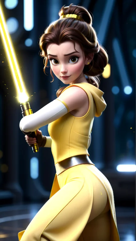 cinematic photo of Belle training with a (yellow lightsaber) at the jedi academy, 1girl, .35mm photograph, film, bokeh, professional, 4k, highly detailed,