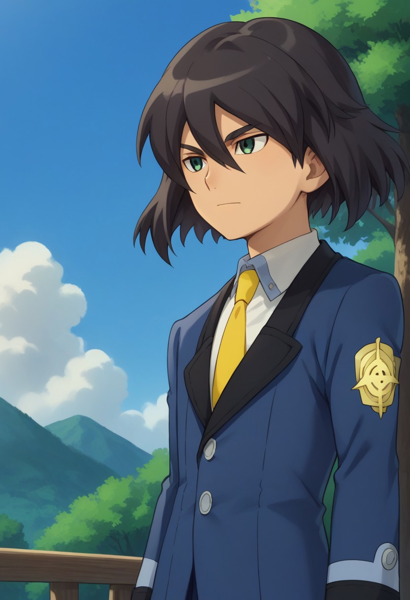 score_9, score_8_up, score_7_up, source_anime, highly detailed, 
haruki, 1boy, male focus, solo, black hair, hair between eyes, green eyes, school uniform, jacket, blue jacket, long sleeves, shirt, white shirt, collared shirt, necktie, yellow necktie,
outdoor, sky, tree
