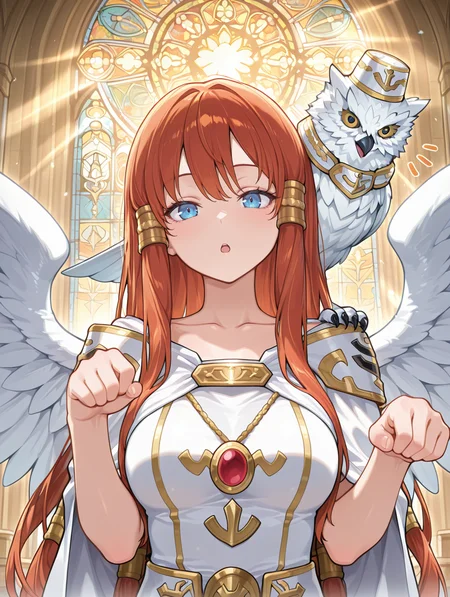 minerva - the exalted lightsworn,1girl,solo,open mouth,gold hair tubes,collarbone,upper body,,angel wings,white cape,white long dress,sound effect,paw pose,church,stained glass,light rays,white owl, bird on shoulder, 
masterpiece,best quality,amazing quality,very aesthetic,absurdres,newest,<lora:Minerva, the Exalted Lightsworn illuXL v1.1:0.75>,