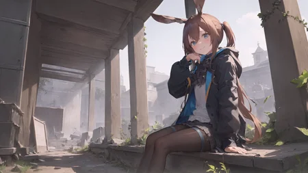(masterpiece:1.2), (best quality:1.2),<lora:arknightsAMIYA_v20:0.8>,(1girl:1.1),(shy:1.2), (nervous smile:1.1), (solo:1.2),pov,upper body,standing, (sitting on arm:1.2), (solo focus:1.2),looking at viewer,(blush:1.2),depth of field, (flat chest:0.9), (thick thighs:0.9),outdoors,(chiaroscuro:1.2),(ruins:1.1), (lawn:1.1),(nightfall:1.1),(grass:1.2),black pantyhose, single drill, short dress, (sunlight:1.1), broken wall, pillar, (vines:1.1), (clear sky:1.2),