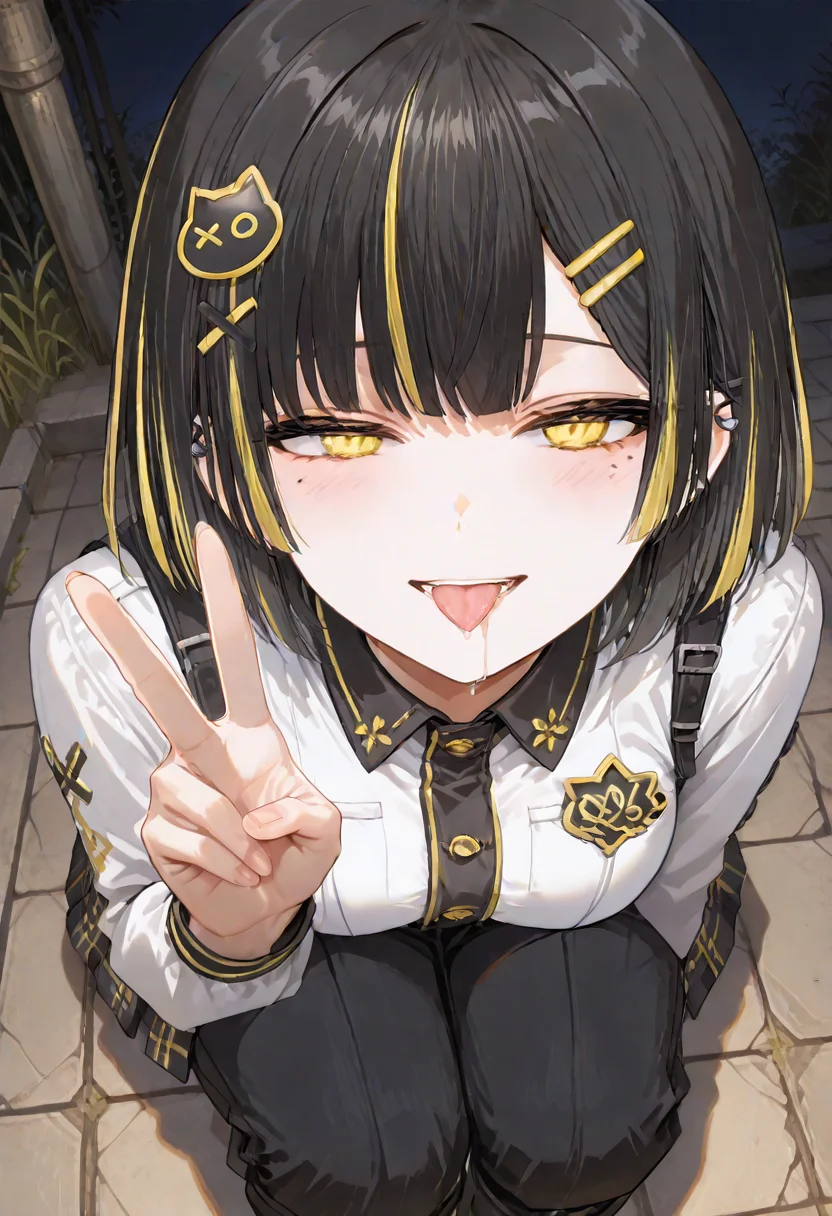 <lora:HandFixer_pdxl_Incrs_v1:1>, <lora:ê·¸ë¦¼ë³´ì  ìì ê¸°:0.5>,  <lora:ê·¸ë¦¼ë³´ì  ponyv6_noobV1_2_adamW-000017:1>, <lora:add-detail-xl:1.5>, <lora:NOOB_EPSv1_1_detailer_by_vlnvk_v1_0:1.5>, <lora:ê·¸ë¦¼ë³´ì  ìì¸íë:1>, <lora:ratatatat74_XL_v2:0.4>, <lora:748cmSDXL:0.7>, masterpiece, best quality, amazing quality, distinct, super_detail, very aesthetic, absurdres, highly detailed, Illustration, score_9, score_8_up, score_7_up, score_6_up, 1girl, solo, 
looking at viewer, smile, outdoors, night, v, on her knees, submissive, from above, tongue out, drooling, 
<lora:ìºë¦­í°_ì¼ë¬:1>, eueu_138, yellow_eyes, black_hair, short_hair, bangs, multicolored_hair, streaked_hair, mole, mole under eye, hair_ornament, hairclip, two-tone_hair, piercing, medium_large_breasts,