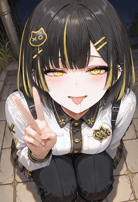 <lora:HandFixer_pdxl_Incrs_v1:1>, <lora:ê·¸ë¦¼ë³´ì  ìì ê¸°:0.5>,  <lora:ê·¸ë¦¼ë³´ì  ponyv6_noobV1_2_adamW-000017:1>, <lora:add-detail-xl:1.5>, <lora:NOOB_EPSv1_1_detailer_by_vlnvk_v1_0:1.5>, <lora:ê·¸ë¦¼ë³´ì  ìì¸íë:1>, <lora:ratatatat74_XL_v2:0.4>, <lora:748cmSDXL:0.7>, masterpiece, best quality, amazing quality, distinct, super_detail, very aesthetic, absurdres, highly detailed, Illustration, score_9, score_8_up, score_7_up, score_6_up, 1girl, solo, 
looking at viewer, smile, outdoors, night, v, on her knees, submissive, from above, tongue out, drooling, 
<lora:ìºë¦­í°_ì¼ë¬:1>, eueu_138, yellow_eyes, black_hair, short_hair, bangs, multicolored_hair, streaked_hair, mole, mole under eye, hair_ornament, hairclip, two-tone_hair, piercing, medium_large_breasts,
