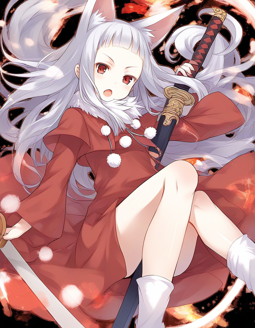 score_9, score_8_up, score_7_up, source_anime, rating_explicit, BREAK  <lora:Belfraw_Martini_Ver2.0_XL:1>  Belfraw_Martini, 1girl, solo, silver hair, open mouth, animal ears, dress, red dress, pom pom (clothes), looking at viewer, weapon, long sleeves, sword, red eyes,