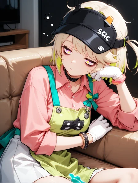 masterpiece, best quality, perfect hands, amazing quality, solo, 22 years old, imtdcozzz, 1girl, multicolored hair, shirt, pink shirt, two-tone hair, colored inner hair, green hair, blonde hair, apron, collared shirt, choker, multicolored eyes, gloves, black headwear, skirt, hat, bracelet, white gloves, visor cap, white skirt, bangs, dark bags, baggy eyes, tired eyes, dark circles under the eyes, indoor, living room, lying on the couch, on side, bored, sleepy, serious, head rest, leaning on one hand, elbow rest, black panties, tired
