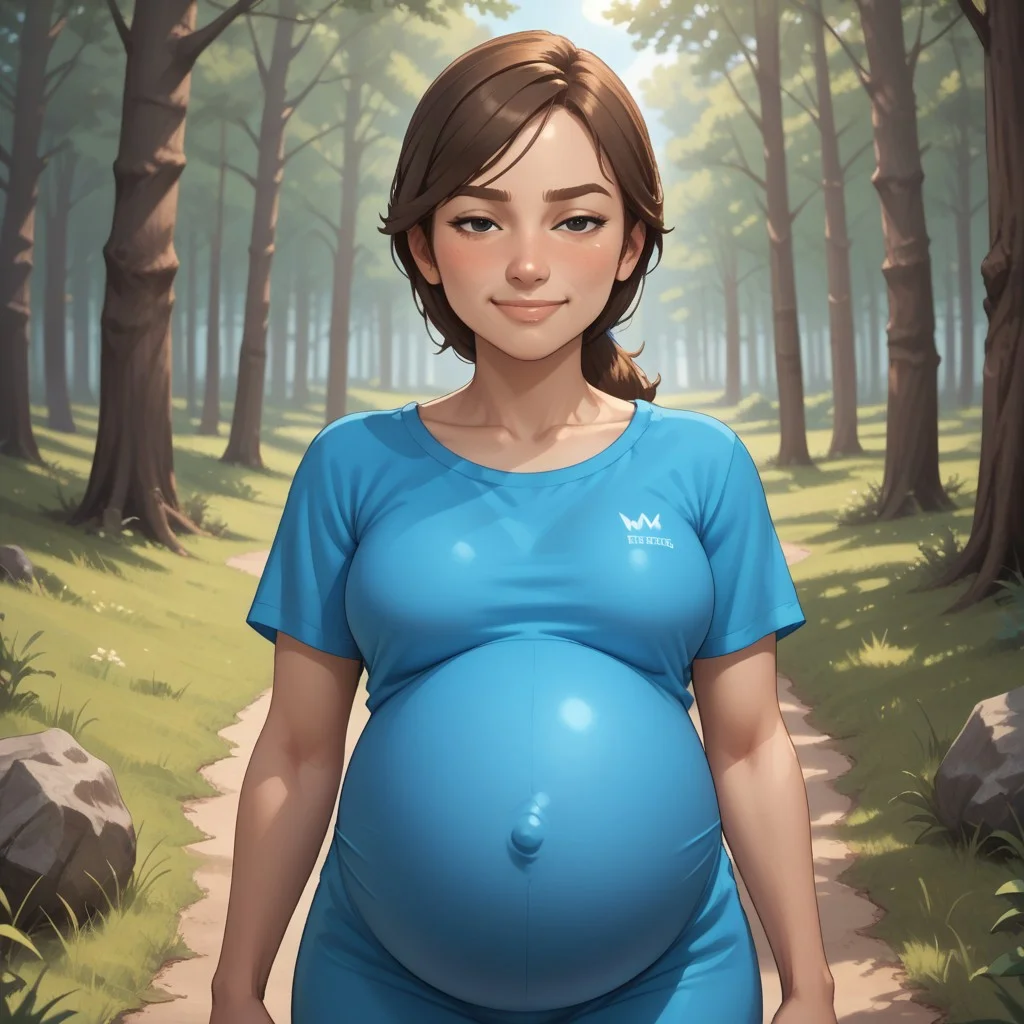 score_9, score_8, BREAK, solo, mii, wii, wii sports resort, female mii, 1girl, cute, brown hair, brown eyebrows, rectangle eyebrows, black eyes, sleepy eyes, half circle eyes, small nose, blush, :I, Hiromi_(\Wii_Sports_Resort\), medium breasts, Nintendo Mii, modern_mii, classic_mii, adult female, mature female, breasts, (((pregnant))), sexy pose, self portrait, smile, outdoors, sunlight, shadows, evening lighting, natural lighting, forest, trees, grass, orange sky, sunset