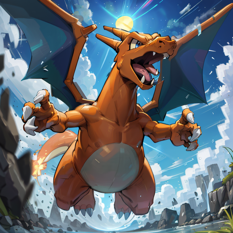 ((masterpiece,best quality)), absurdres,
award winning photo,
Charizard_Pokemon, flame-tipped tail, two wings,
3d, blue_sky, cloud, cloudy_sky, day, depth_of_field, jumping, flying, motion_blur, no_humans, ocean, open_mouth, outdoors, pokemon_\(creature\),  sky, sun,  <lora:Charizard_Pokemon:0.8>