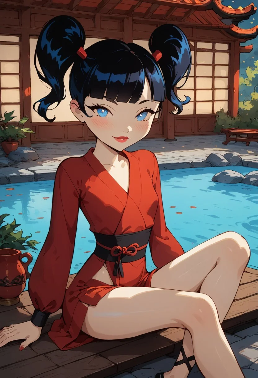 score_9, score_8_up, score_8, sexy 22 year old girl sexy posing, kimiko 1girl, black hair, solo, blue eyes, twintails, bangs, smile, long sleeves, red clothing, blunt bangs, looking at viewer, lipstick ,masterpiece, petite body, petite body, cinematic lighting, glowing, fire, small breasts, perfect face, slender body, worried look on face, petite body, sitting, shy blushing, Japanese garden, bench , amazing lighting