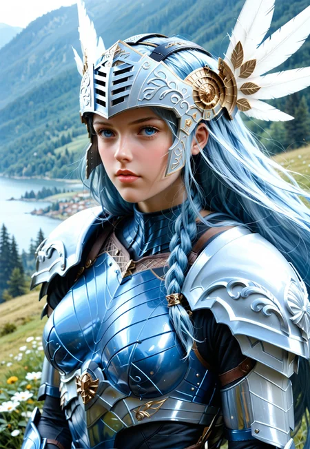 Beautiful woman, 24 years old. Fair skin. Smooth skin. Silvery blue hair. Incredible detail, high clarity. Free hair with braids. Long hair. Lips. 

Valkyrie helmet, winged helmet, beaked helmet.

Deep blue armor, metal armor, smooth armor. White pleated skirt. Good anatomy. Detailed face. 