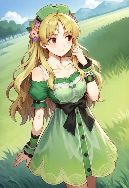 score_9, score_7_up, hd, (ultra hd quality details), source_anime, outdoors, grass, dutch angle,
solo, 1girl, aaayesha, blonde hair, long hair, brown eyes, hair flower,
ayeshadef, green dress, white shirt, light green dress, layered dress, green shirt, hat, black bow, waist bow, wrist cuffs, green skirt, bare shoulders,
looking away, blush, smile,
standing, hand in own hair,
<lora:_ayesha_altugle-elesico-pony:1>