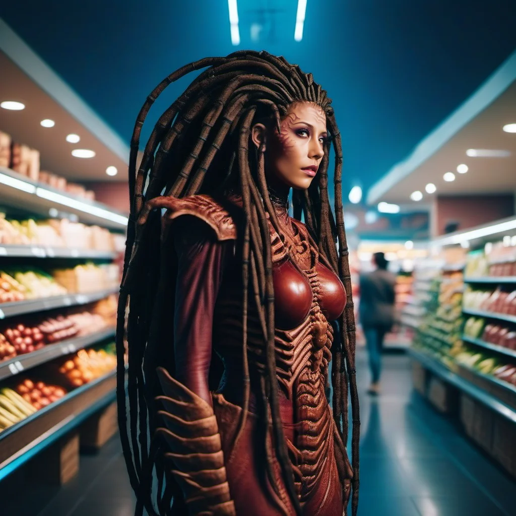 cinematic photo a science fiction monster woman, dreadlocks, grocery shopping <lora:InfestedKerrigan1024:0.8> . 35mm photograph, film, bokeh, professional, 4k, highly detailed