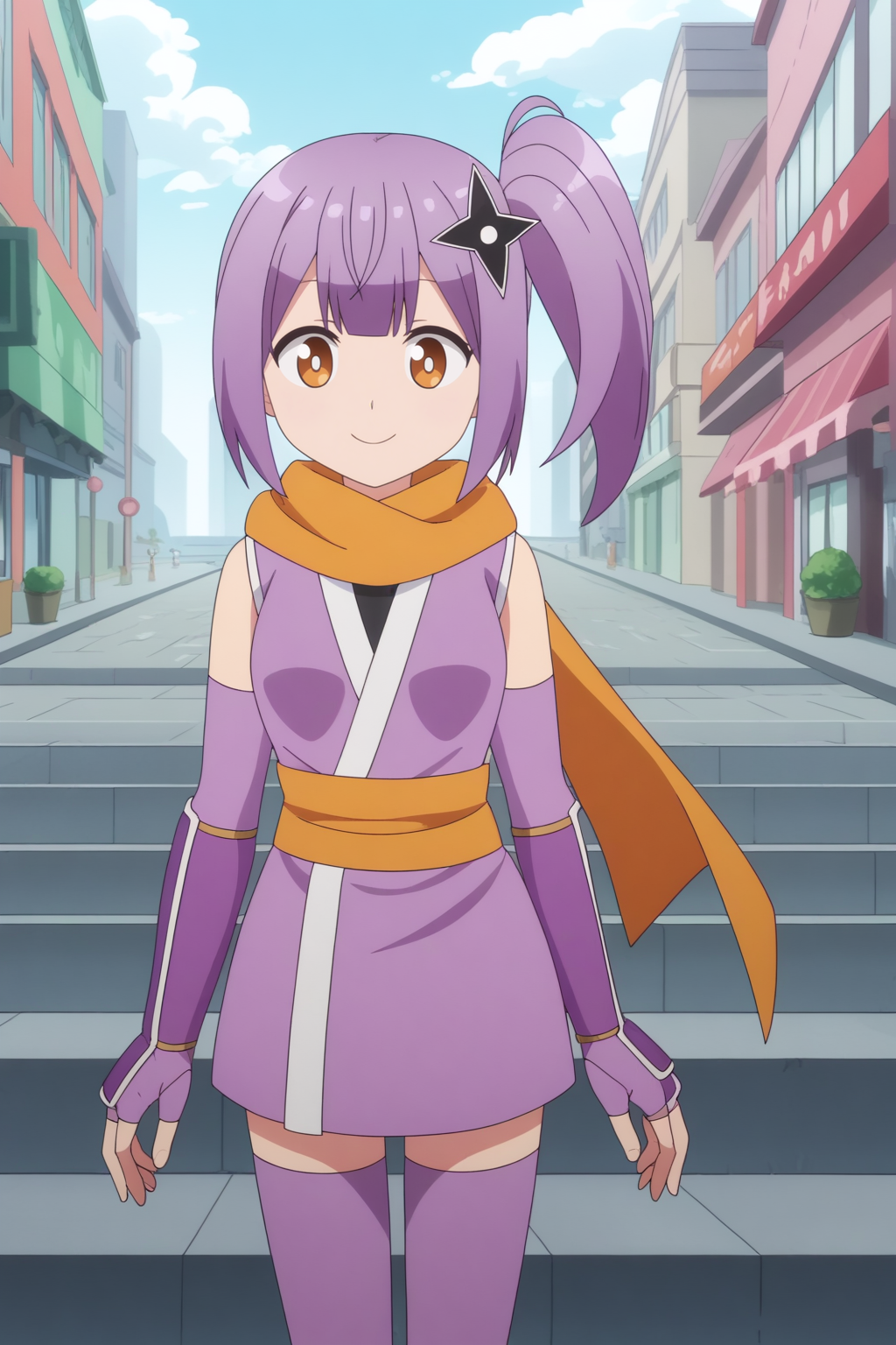 anime screencap, anime coloring, score_8_up, perfect background, outdoors, city, Satoko Kusagakure, purple kimono, sleeveless kimono, kunai, orange scarf, ninja, zettai ryouiki, purple thighhighs, purple elbow gloves, light smile <lora:Ninja_to_Koroshiya_no_Futarigurashi_-_Satoko_Kusagakure_-_PDXL:0.8>