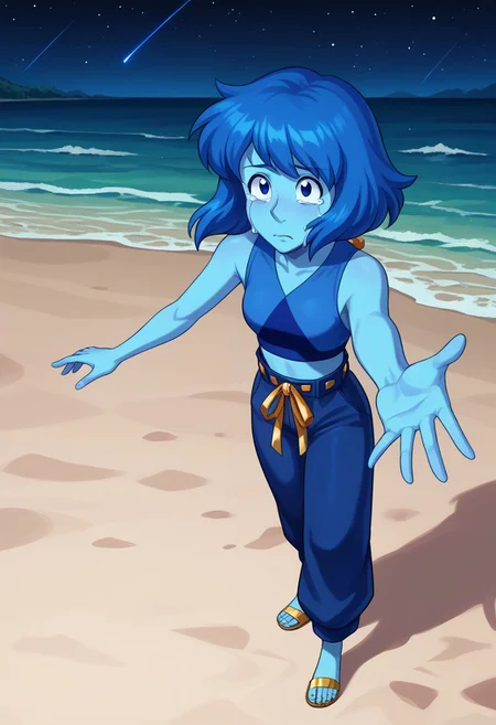 score_9, score_8_up, score_7_up, source anime,
masterpiece, best quality, detailed, amazing quality,
detailed background, night, stars, beach,
detailed eyes, clean eyes,
dynamic pose, full body,
solo, 1woman, woman,
easynegative,
sad, tears, crying, looking up, look at the sky, reaching up, from above,
lapis lazuli \(steven universe\),
colored skin, blue skin, blue hair, blue eyes,
lapis_future, tank top, harem pants, gold ribbon belt, gold sandals