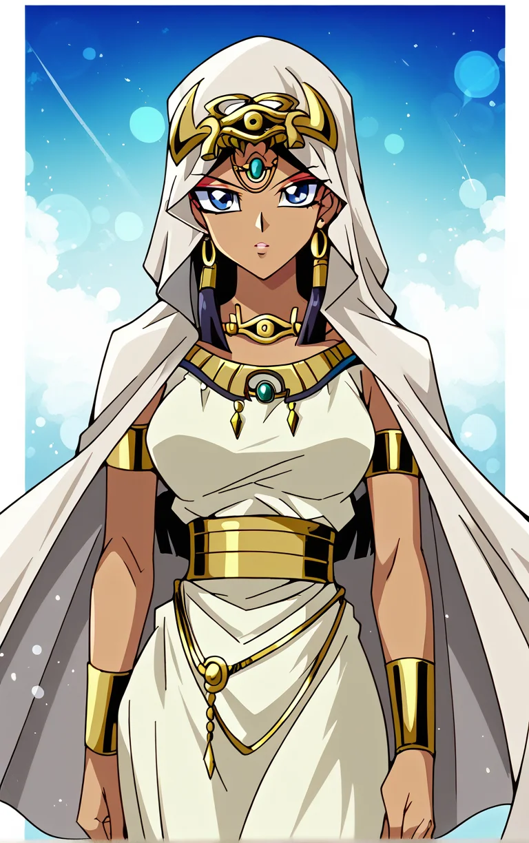 score_9, score_8_up, score_7_up, BREAK
ANIME_YuGiOh_IshizuIshtar_ownwaifu,
1girl, black hair, blue eyes, breasts, dark-skinned female, forehead jewel, hair tubes, hood, jewelry, dark skin, necklace, long hair, armlet, hood up, bracelet, collarbone, ankh, headdress, earrings, gem, bracer, circlet, lips, anklet, makeup, medium breasts,
long dress, white dress, egyptian clothes, eye of horus, gold, gold belt, cape, veil, dress, white cape, hooded cloak, belt,
(portrait, head tilt, looking at viewer), white border, bokeh, <lora:PONYXL_YuGiOh_IshizuIshtar_ownwaifu:0.8>, solo,