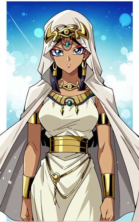 score_9, score_8_up, score_7_up, BREAK
ANIME_YuGiOh_IshizuIshtar_ownwaifu,
1girl, black hair, blue eyes, breasts, dark-skinned female, forehead jewel, hair tubes, hood, jewelry, dark skin, necklace, long hair, armlet, hood up, bracelet, collarbone, ankh, headdress, earrings, gem, bracer, circlet, lips, anklet, makeup, medium breasts,
long dress, white dress, egyptian clothes, eye of horus, gold, gold belt, cape, veil, dress, white cape, hooded cloak, belt,
(portrait, head tilt, looking at viewer), white border, bokeh, <lora:PONYXL_YuGiOh_IshizuIshtar_ownwaifu:0.8>, solo,