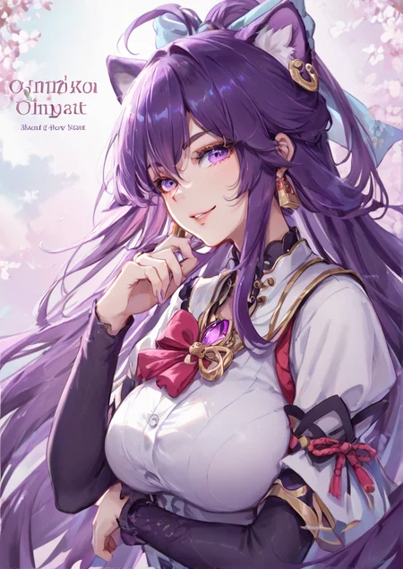 1girl, kamishiro kurea, huge breast, animal ears, bow, character name, earrings, hair bow, jewelry, long hair, looking at viewer, purple eyes, purple hair, smile, solo,  zPDXL3   <lora:Mihan:0.9>