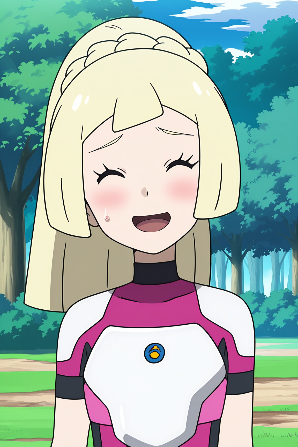 anime, anime screencap, lillieul, 1girl, solo, long hair, smile, open mouth, blonde hair, upper body, closed eyes, braid, ponytail, short sleeves, outdoors, sky, tongue, day, cloud, sweatdrop, blue sky, tree, eyelashes, bodysuit, grass, facing viewer, raised eyebrows, nervous smile, diving suit, lillie \(pokemon\), pokemon
<lora:Lillie_Ultraguardian:1>