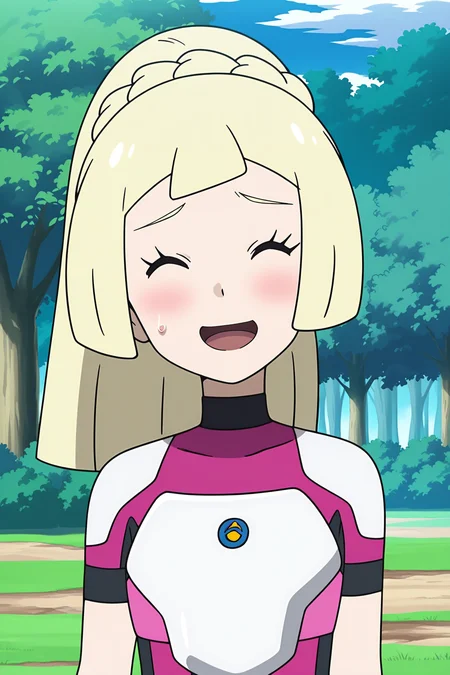 anime, anime screencap, lillieul, 1girl, solo, long hair, smile, open mouth, blonde hair, upper body, closed eyes, braid, ponytail, short sleeves, outdoors, sky, tongue, day, cloud, sweatdrop, blue sky, tree, eyelashes, bodysuit, grass, facing viewer, raised eyebrows, nervous smile, diving suit, lillie \(pokemon\), pokemon
<lora:Lillie_Ultraguardian:1>