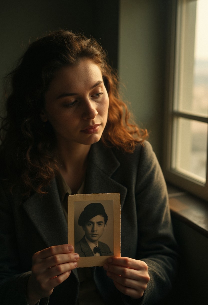 "A shaky, analog portrait of a mourner clutching a photograph, tears smearing the ink, soft golden light clashing with dark shadows, a battlefield faintly visible through the window, raw and ethereal like a fading memory." cinematic_1940s cinematic_octane