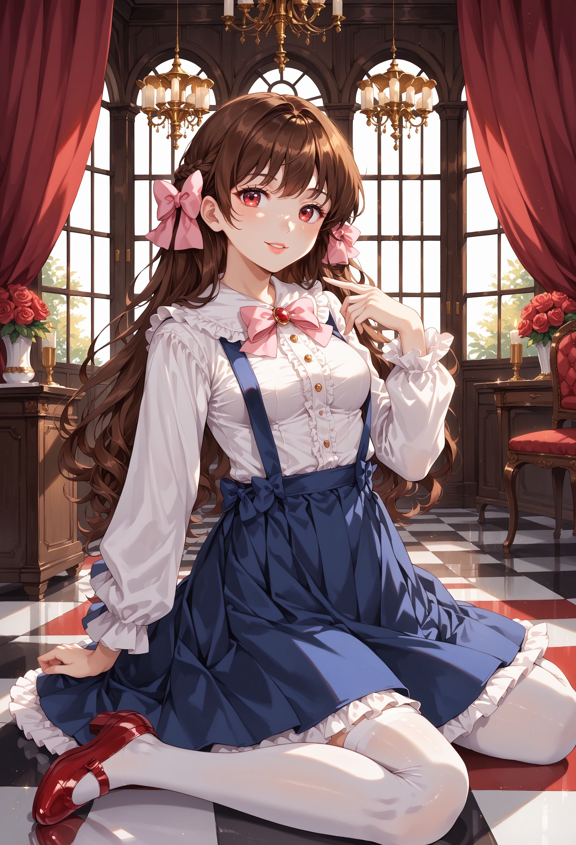 safe_pos, score_9, score_8_up, score_7_up, score_6_up, score_5_up, score_4_up, anime_source, masterpiece, best quality, ultra detailed background, highly detailed, fine details, ambient light, dynamic light, soft light, (ultra-detailed:1.2), (perfect finger:1.1), (perfect hand:1.1), (small breast), glossy hair, glossy lips, 1girl, medium breasts, very detailed hands, beautiful eye, beautiful face, detailed face and eyes, Enjel, (((brown hair))), (pink hairbow), pinkish-red eyes, red broach, overalls, white shirt, blue short skirt, white stockings, ruby shoes, smile,
BREAK
indoors, b4llr00m, detailed interior, (night time, starry night), chandelier, (red and white marble floor, reflective checkered flooring), (tall window with red curtains), velvet chairs, rose, drawn with traditional media
