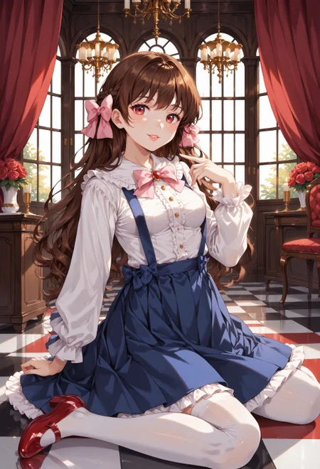 safe_pos, score_9, score_8_up, score_7_up, score_6_up, score_5_up, score_4_up, anime_source, masterpiece, best quality, ultra detailed background, highly detailed, fine details, ambient light, dynamic light, soft light, (ultra-detailed:1.2), (perfect finger:1.1), (perfect hand:1.1), (small breast), glossy hair, glossy lips, 1girl, medium breasts, very detailed hands, beautiful eye, beautiful face, detailed face and eyes, Enjel, (((brown hair))), (pink hairbow), pinkish-red eyes, red broach, overalls, white shirt, blue short skirt, white stockings, ruby shoes, smile,
BREAK
indoors, b4llr00m, detailed interior, (night time, starry night), chandelier, (red and white marble floor, reflective checkered flooring), (tall window with red curtains), velvet chairs, rose, drawn with traditional media