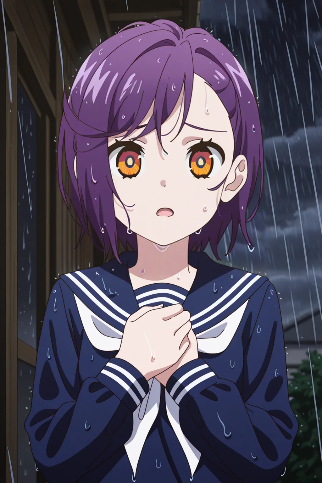 <lora:AcroTrip:1>, AcroTrip, 1girl, solo, rain, school uniform, purple hair, serafuku, open mouth, wet, outdoors, neckerchief, upper body, short hair, sailor collar, yellow eyes, white neckerchief, long sleeves, wet hair, looking at viewer, hands on own chest, shirt, sky, blurry background, blurry, blue shirt, night, orange eyes, cloudy sky