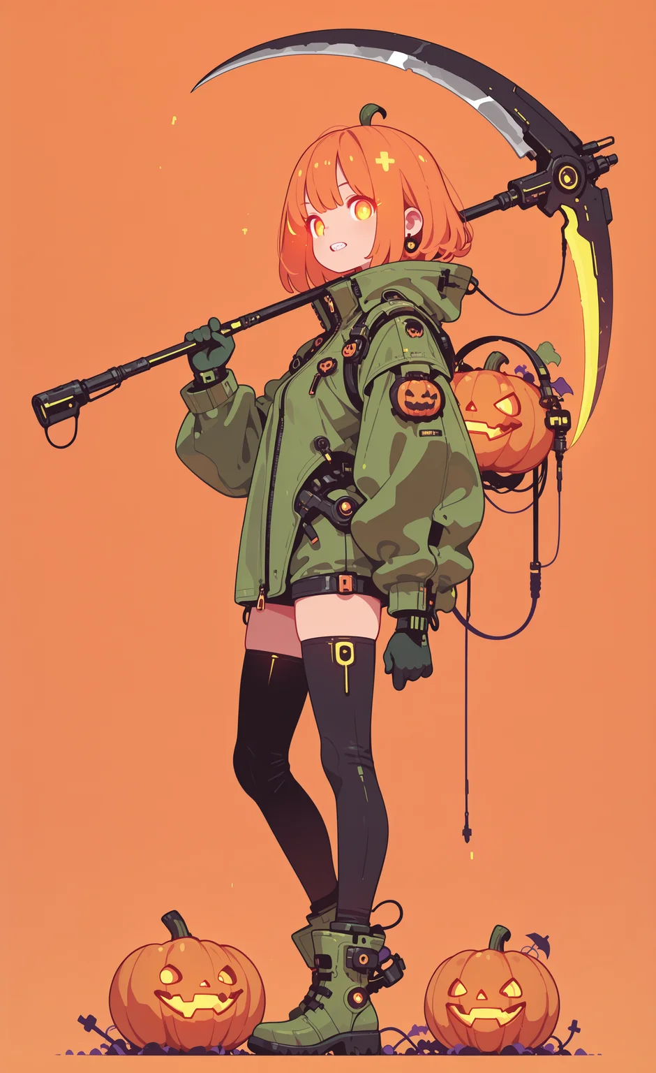 masterpiece,best quality,amazing quality, 1girl, solo, looking at viewer, simple background, long sleeves, gloves, thighhighs, holding, jacket, full body, weapon, boots, teeth, black gloves, black thighhighs, holding weapon, from side, glowing, glowing eyes, science fiction, zipper, halloween, green jacket, orange background, jack-o'-lantern, ankle boots, scythe, pumpkin, over shoulder, green footwear, green gloves, weapon over shoulder, holding scythe, haiz_ai, in the style of cknc,
Flatline, Flat vector illustration <lora:ponyv6_noobE11_2_adamW-000017:0.3> <lora:checkpoint-e18_s306:1.5> <lora:ck-nc-cyberpunk-IL-000011:0.6> <lora:haiz_ai_illu:0.7>