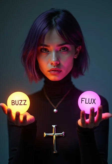 The image centers on a striking young woman with tan skin and deep red eyes, her expression intense and focused. She has short, choppy purple hair that frames her face, giving her a bold, edgy look. She’s dressed in a sleek black turtleneck, with a silver cross prominently displayed on the fabric, adding a touch of mystery to her appearance.
In the foreground, two large, glowing buttons hover in the air before her, each radiating its distinct aura. The "Light" option on the left side is bathed in a soft, golden glow. The word "BUZZ" is displayed in a clean, elegant font, shining brightly as if inviting a choice toward something positive or hopeful. The light from this option casts a warm, gentle glow on the girl’s face, highlighting her features with a soft, almost angelic light.
On the right side, the "Dark" option is enveloped in a deep, shadowy hue, almost pulsating with a dark energy. The word "FLUX" is written in a bold, sharp font, with each letter appearing to crackle with a subtle, ominous force. The darkness from this option contrasts starkly with the light, casting shadows across the girl’s face, giving her an air of danger or conflict.
She stands at the crossroads of these two choices, her red eyes reflecting both the light and dark options, suggesting a moment of decision.