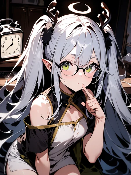 ,cernunnos(sv),1girl,solo,thinking,glasses,alarm clock,pointing at viewer,Steel pipe,<lora:cernunnos-000012:1>, masterpiece, best quality, very aesthetic, absurdres