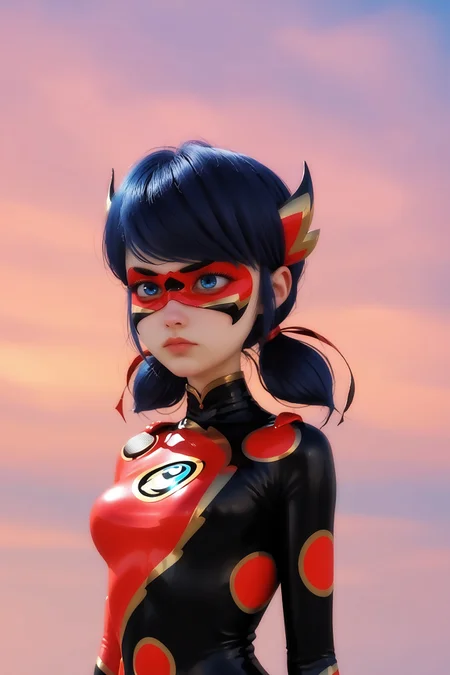 score_9, score_8_up, score_7_up, masterpiece, high quality, 1girl, 19 yo female, upper body portrait, imtddragbug, bodysuit, domino mask, expressionless, blue hair, low twintails, hair bun, short twintails, blue eyes, hair ribbon, wide hips, superhero, skin tight, blue eyes, wide hips, black bodysuit, red bodysuit, sky background
