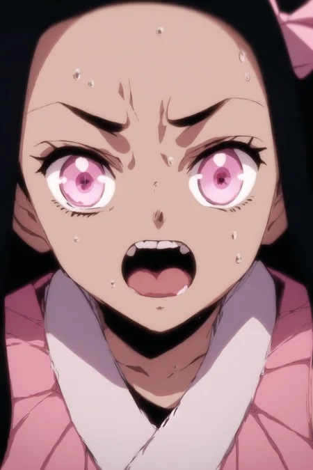<lora:Nezuv1:0.6>, 1girl, bamboo, blurry, black hair, close-up, eye focus, face, glowing, glowing eyes, kamado nezuko, long hair, looking at viewer, pink eyes, solo