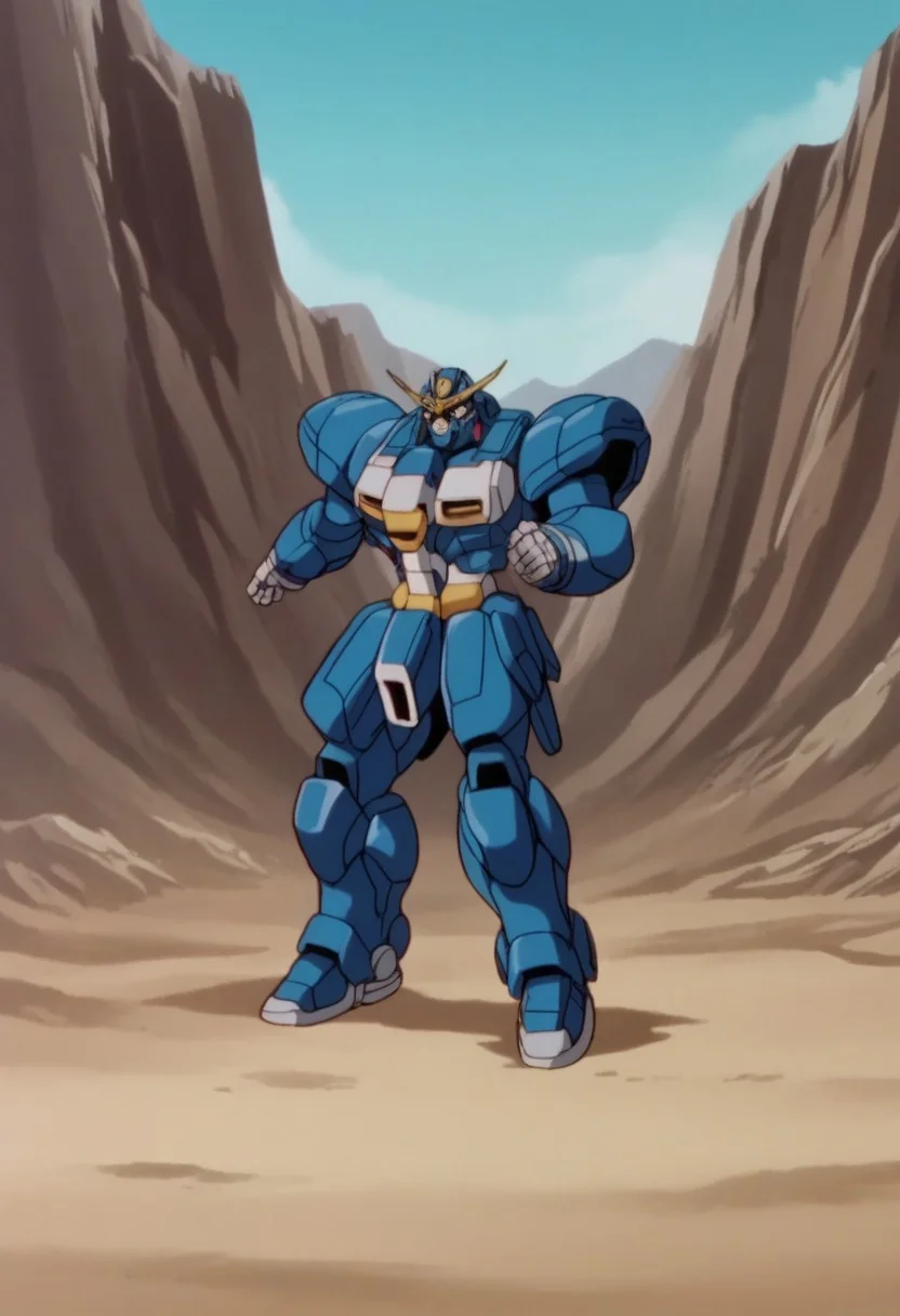 score_8, score_8_up, score_7_up, AWGXS, anime screenshot, retro artstyle,1990s (style), cel animation BREAK no humans, mobile suit, robot, mecha, daughtress, standing, pointing at viewer, outdoors, mountain,