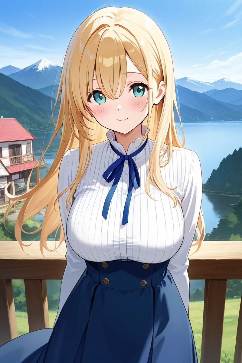 1girl, long hair, large breasts, looking at viewer, blush, smile, bangs, skirt, blonde hair, shirt, long sleeves, ribbon, hair between eyes, green eyes, white shirt, pinstripe shirt, solo focus, aqua eyes, (blue skirt), blue ribbon, (long skirt), house, outdoor, mountain, lake, standing, cowboy shot, high-waist skirt, <lora:Primula_Mallow_AOITS_ill:1> alone,
