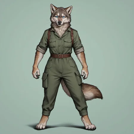 score_9, score_8_up, score_7_up, source_furry, detailed face, detailed eyes, incredible detail BREAK 1girl, solo, anthro, wide shot (furry female, wolf, light brown fur, monotone fur, light blue eyes,slightly wide hips, small breasts), black nose, whiskers, ear flop, solo, looking at viewer, simple background, green background, full body, hunter outfit, archer outfit, shy pose