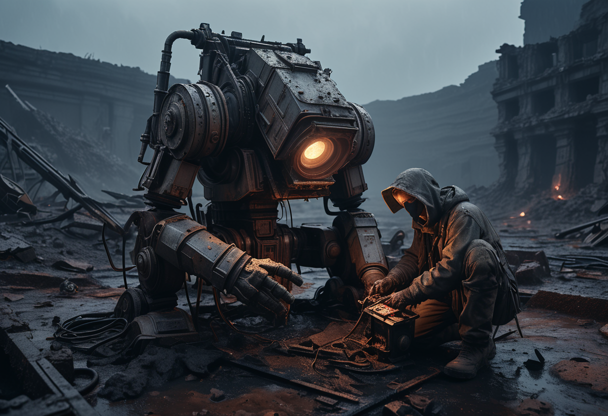 (medium full shot) of (medium shot , wide angle view) of scavenger repairing equipment, detailed face, located in a ruined world at a desolate crater during early morning with rainy weather, illuminated by firelight, creating a tense atmosphere, ,Masterpiece,best quality, raw photo, realistic, very aesthetic