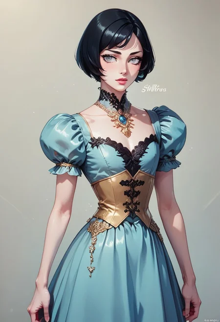 score_9, score_8_up, score_7_up, 1boy, femboy, otoko no ko, short hair, bob cut hair, black hair, grey eyes, gray eyes, feminine face, toned body, Shelly, 1930s fashion style, vintage, dress, highly detailed, intricate, zzCitronCAT, pose, modelshoot