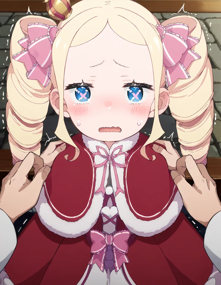 score_9, score_8_up, score_7_up, source_anime, <lora:rezero-beatrice-s3-p1-ponyxl-lora-nochekaiser:1>, beatrice, long hair, blue eyes, blonde hair, twintails, hair ribbon, sidelocks, symbol-shaped pupils, drill hair, twin drills,, dress, ribbon, fur trim, capelet, crown, mini crown, red capelet, frills, bowtie,, museum, art exhibit, paintings, observing, quiet contemplation, cultural experience, , <lora:full-face-blush-ponyxl-lora-nochekaiser:1>, full-face blush, embarrassed, blush, sweat, ear blush, blush, wavy mouth, trembling, open mouth, <lora:hands-on-anothers-shoulders-ponyxl-lora-nochekaiser:1>, hands on another's shoulders, pov, pov hands, cowboy shot,, looking at viewer, solo,, dutch angle, cowboy shot