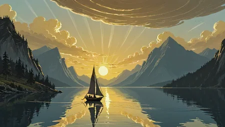 lovecraftian fantasy, D&D, digital art, Bastardcore, landscape of an one keelboat sailing near the shore of a large lake, at Golden hour, broad lighting, L USM, warm light, beautiful composition, drawing, <lora:EnvyPanoramaXL01:1>, great light, advanced cinematic perfect light, dynamic cinematic color, fine detail, fabulous colors, dynamic, creative, highly enhanced