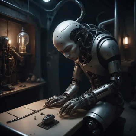 bbuk_style <lora:PureDarkness_RetroSciFi-000060:0.7> a boy with biomechanical limbs desperately trying to fix an old automaton in the basement, darkness