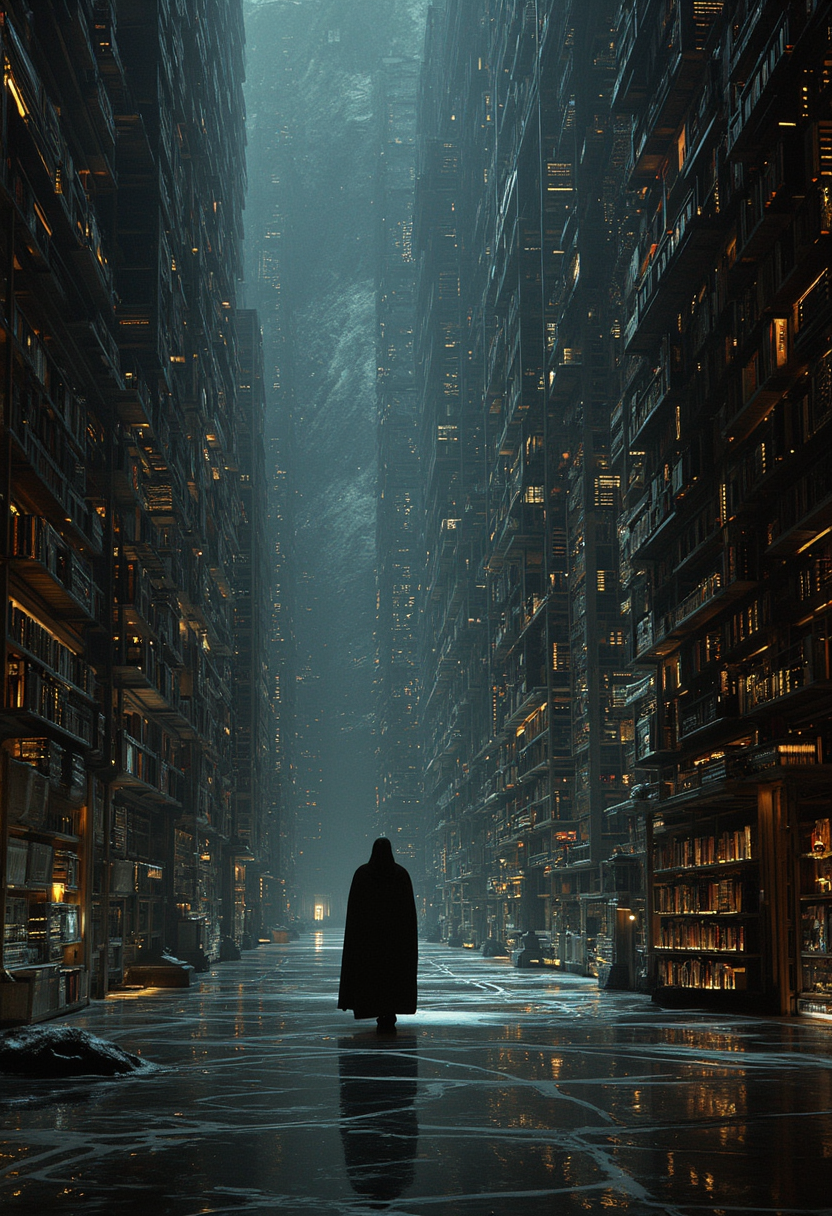 A massive library stretches endlessly in all directions, its towering shelves vanishing into the infinite darkness above and below. Each shelf glows faintly, illuminated by countless tiny lights that resemble distant stars, creating the illusion of a galaxy embedded within the walls. The books themselves shimmer with a soft, otherworldly light, their covers inscribed with intricate runes and symbols that pulse faintly as if alive. Each book holds the story of an entire civilization, its pages containing the rise and fall of empires, the dreams and despair of countless beings, and the mysteries of forgotten worlds. When a book is opened, holographic scenes emerge from its pages, floating in the air like living memories. These projections shift and evolve, depicting grand cities, cosmic battles, and serene landscapes, as well as the eventual decay and collapse of those civilizations. The air hums softly with the whispers of countless stories overlapping, a symphony of knowledge echoing through the infinite space. A single librarian moves silently through the aisles, their form cloaked in shimmering starlight, blending seamlessly with the celestial glow of the library. Their movements are fluid and purposeful, tending to the books as if each one holds a fragment of their own existence. Their face remains obscured, a veil of light masking their features, but their presence radiates wisdom and quiet reverence for the knowledge they guard. In the vast, ethereal space, the library seems alive, its shelves shifting subtly as if adapting to the thoughts of those within. The floor beneath is a reflective surface, mirroring the glowing shelves and creating the illusion of standing amidst an infinite sea of stars. The atmosphere is both serene and awe-inspiring, a testament to the boundless depths of knowledge and the fragility of the civilizations it chronicles... 

with rays of sunlight breaking through the hazy atmosphere. a masterpiece. mythp0rt, 

 An otherworldly atmosphere.
(Depth of field), low saturation, detail. mythical, stylish, charismatic. ,
, masterpiece, ,Image quality, , CPA,
UNI_SCI_FI_CORE.
