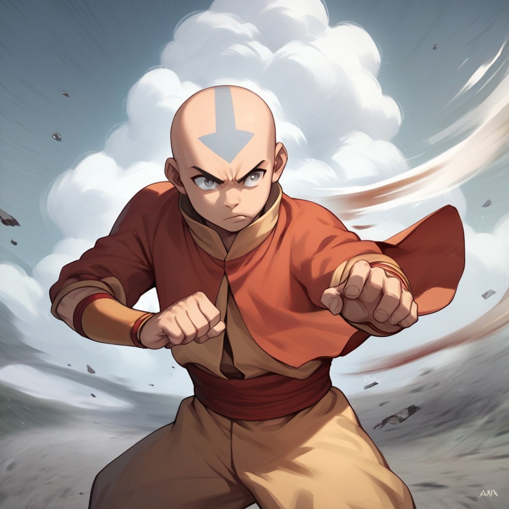 score_9, score_8_up, score_7_up, score_6_up, score_5_up, score_4_up, 1boy, Aangava, grey eyes, avatarstate, bald, fighting stance, airbending, solo, windy, wind blowing