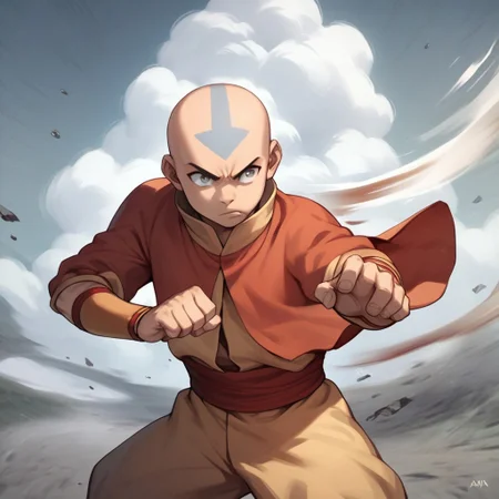 score_9, score_8_up, score_7_up, score_6_up, score_5_up, score_4_up, 1boy, Aangava, grey eyes, avatarstate, bald, fighting stance, airbending, solo, windy, wind blowing
