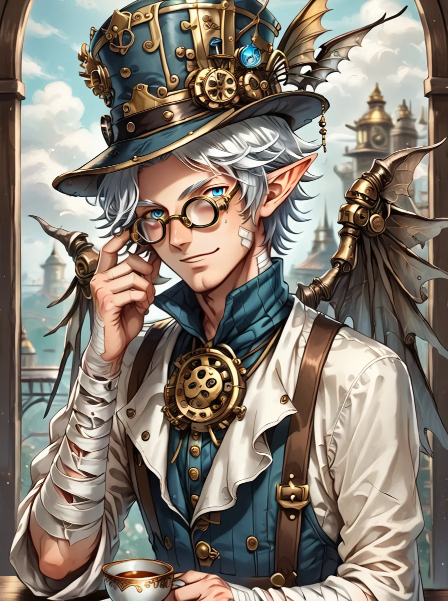 score_9, score_8_up, score_7_up,BREAK overalldetail, <lora:steampunk:0.8>,
steampunk,steampunk anime,, 1boy, male focus, pointy ears, hat, solo, cup, glasses, smile, bandages, blue eyes, teacup, white hair, horns, looking at viewer, wings,