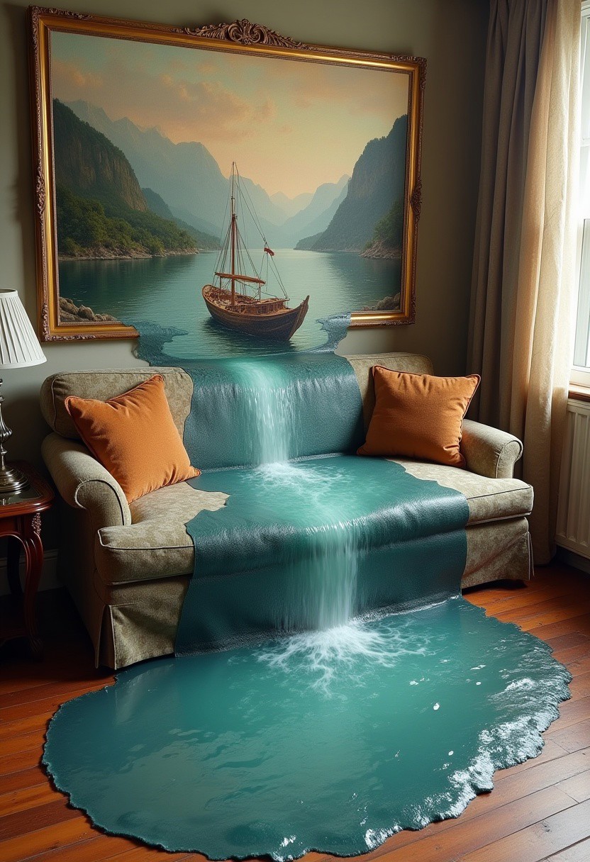 A surreal photograph of a river floating out of an oil painting on a living room wall and spilling over a couch and the wooden floor. The painting depicts a tranquil river between mountains. a ship gently bobbing in the river's edge and entering the living room. The river's edge spills onto the wooden floor, merging the world of art with reality. The living room is adorned with tasteful furniture and a warm, inviting atmosphere.
