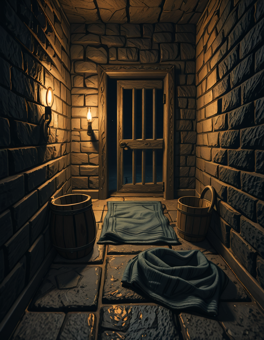 A hyper-realistic photo of a dark medieval dungeon cell inspired by Skyrim, with cold, damp stone walls covered in patches of moss and cracks. The floor is made of uneven cobblestones, partially wet with small puddles reflecting dim torchlight. An old, rusted iron-barred door is slightly ajar, casting long shadows on the ground. In the corner, a pile of straw serves as a makeshift bed, with a thin, tattered blanket thrown over it. Chains and shackles hang from the walls, showing signs of centuries of use. A small wooden bucket sits beside the bed, used as a primitive toilet. The atmosphere is heavy and oppressive, filled with a faint mist in the air. The only source of light comes from a single flickering torch mounted on the wall outside the cell, creating dramatic, warm orange glows contrasting with deep, cold shadows. The photo is taken from a slightly low angle, as if from the perspective of someone crouched on the floor inside the cell, adding a sense of claustrophobia and confinement. Ultra-realistic textures, high detail, cinematic lighting, 4K quality.
<lora:SDXLFaeTastic2400:0.4> <lora:extremely_detailed:0.4> extremely detailed,,dungeon c3ll <lora:dungeon_c3ll-i:1>, Masterpiece,best quality,hi res,8k,hi res,8k,award winning,(sharp focus, intricate, highly detailed),